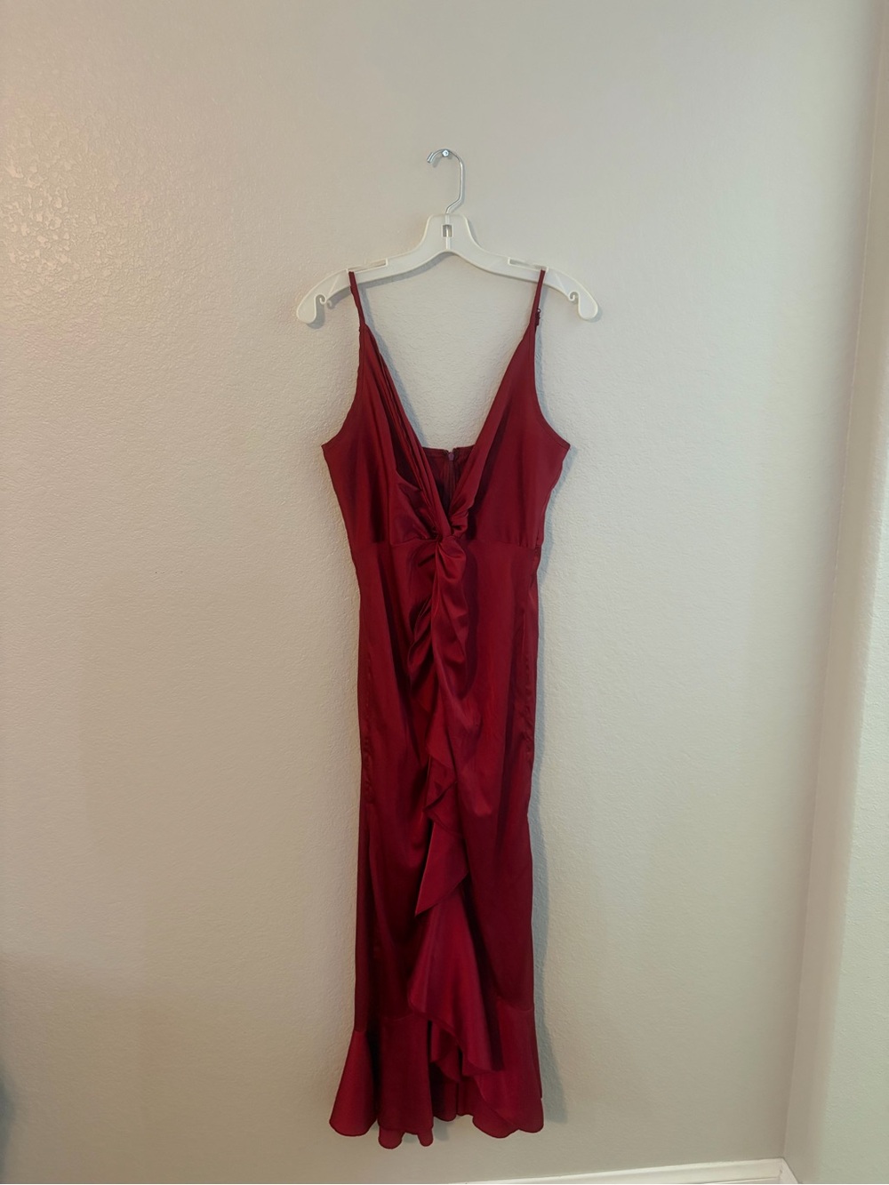 Burgundy Satin Ruffle Faux Wrap Midi Dress
